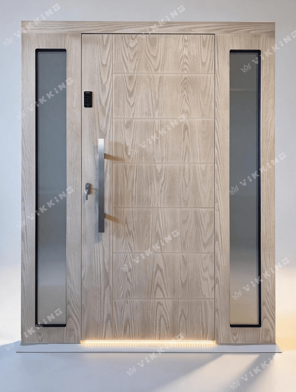 Eleganckie kompozytowe drzwi wejściowe VIKKING w jasnym dekorze Dąb piaskowy o strukturze Real Wood z dwoma bocznymi doświetleniami, klawiaturą kodową i podświetleniem LED.