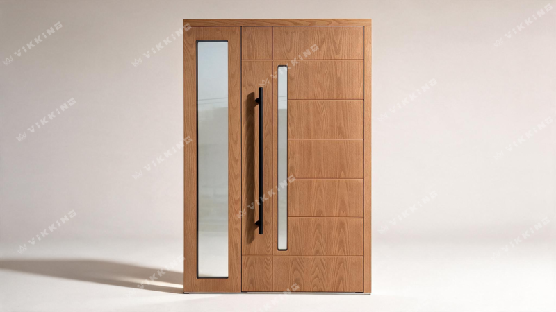 Zewnętrzne drzwi VIKKING w technologii Real Wood w dekorze Dąb Słodowy z przeszkleniem, doświetlem bocznym i czarnym pochwytem.