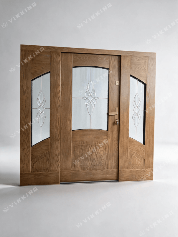 Tradycyjne drzwi kompozytowe VIKKING Classic z dwoma doświetlami bocznymi, strukturą Real Wood i ręcznie tworzonymi witrażami.